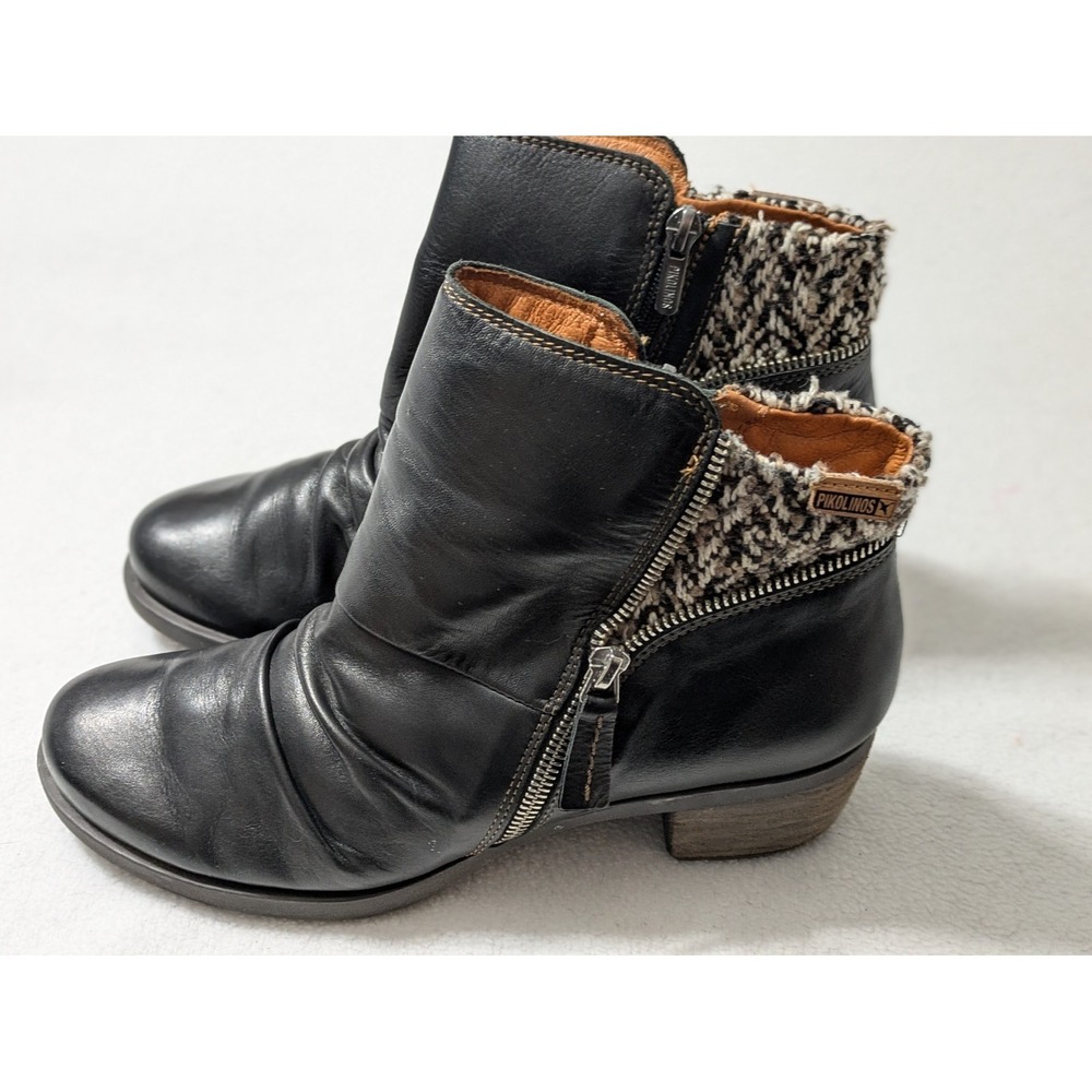 Pikolinos Women Size 8.5 Ankle Boots Black Leather Zip Knit Cuff Comfort Heeled